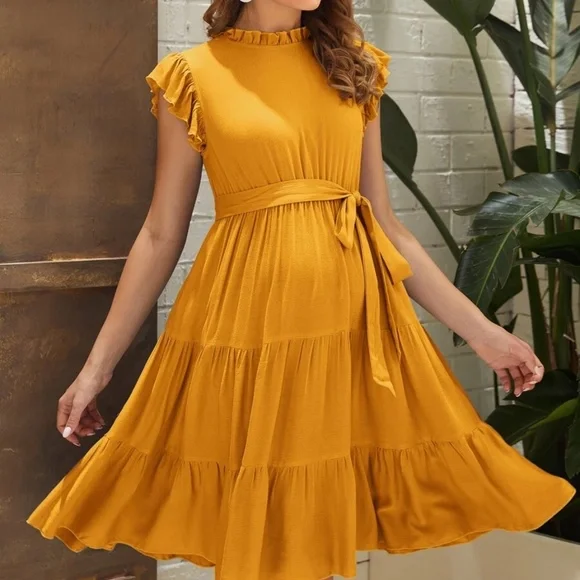 Maternity Butterfly Sleeve Ruffle Mini Dress - Picture 3 of 7